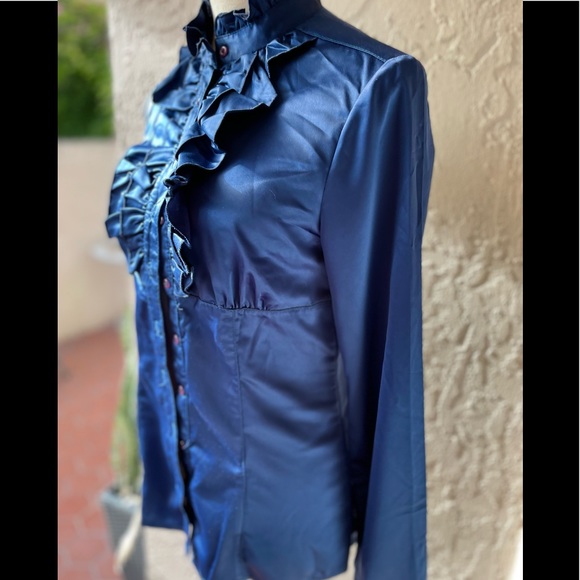 WOMAN BLUE BLOUSE LONG SLEEVES RUFFLED NECKLINE HIGH NECK BUTTONS SIZE M - Picture 10 of 16